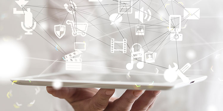 Digital asset icons on tablet. 