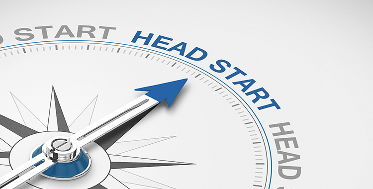 Three men in suits comically running after a man in a suit sitting in a rocket. Depicting the search for a small business.