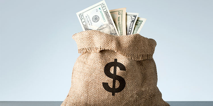 Burlap bag with symbol for money, holding cash savings.
