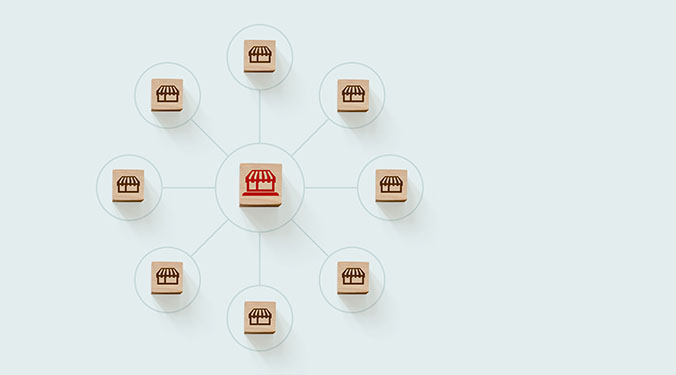 Franchise system depicted with wooden block icons.