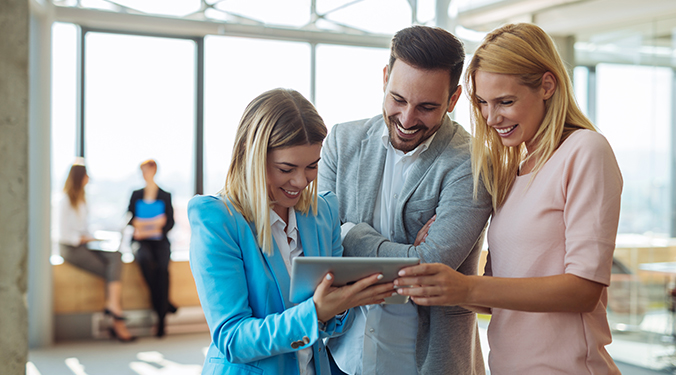 Business owners collaborating in person. 