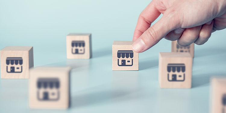 Franchise system depicted with wooden blocks on light blue background.