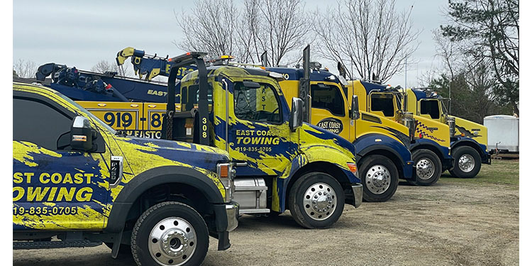 East Coast Towing in Raleigh, North Carolina fleet of tow trucks. 