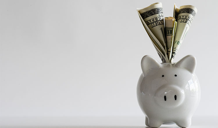 White ceramic piggy bank with dollar bills inserted in top slot.