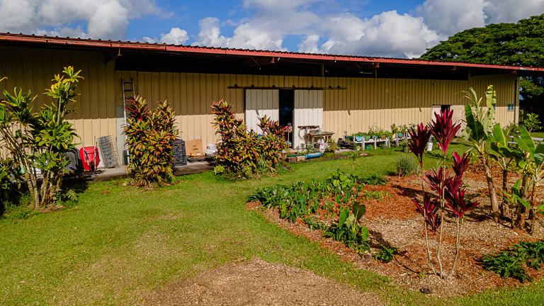 Ground-level view of the warehouse bordered by tropical gardens—ample space for production, storage, and farm-to-bottle ingredients