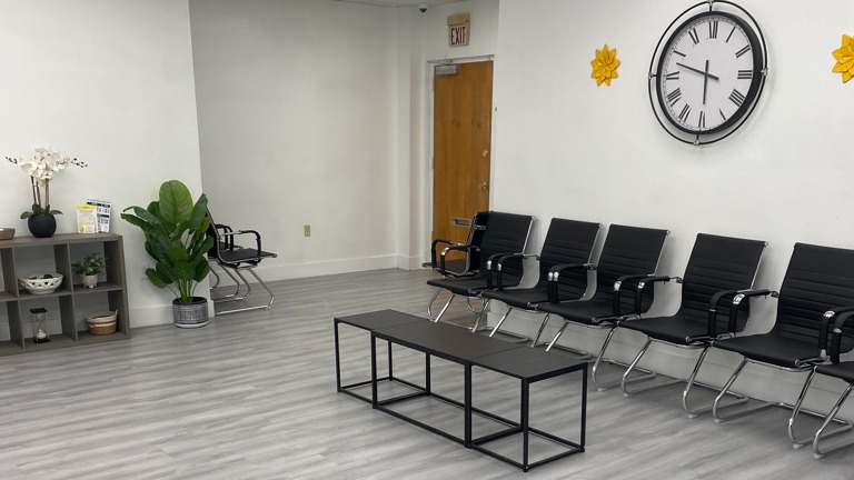 Reception area with view of exit door