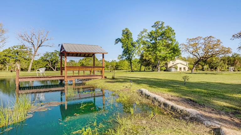 Stocked Pond with Waterfall Rocks, Fountain & Peir 