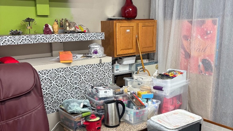 Storage area with multiple containers of supplies, small appliances, and cabinets.